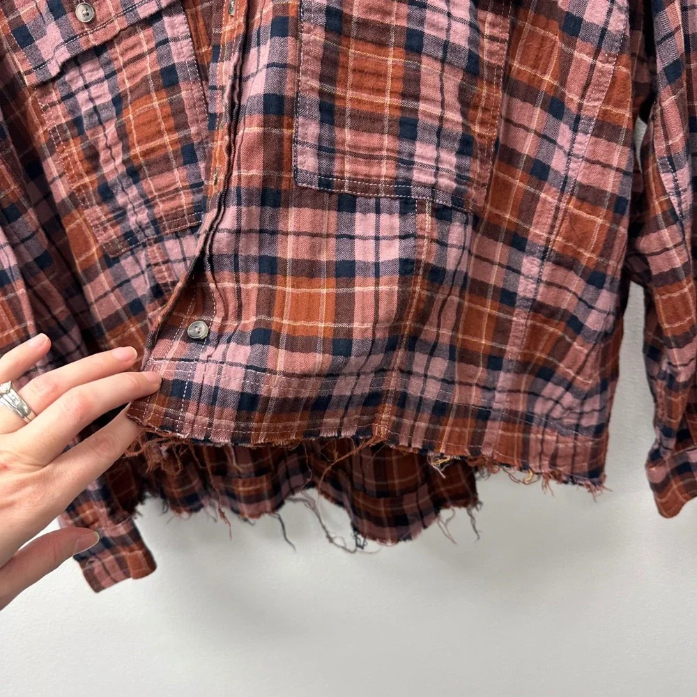 Pilcro High Low Raw Hem‎ Flannel Pink Combo L
